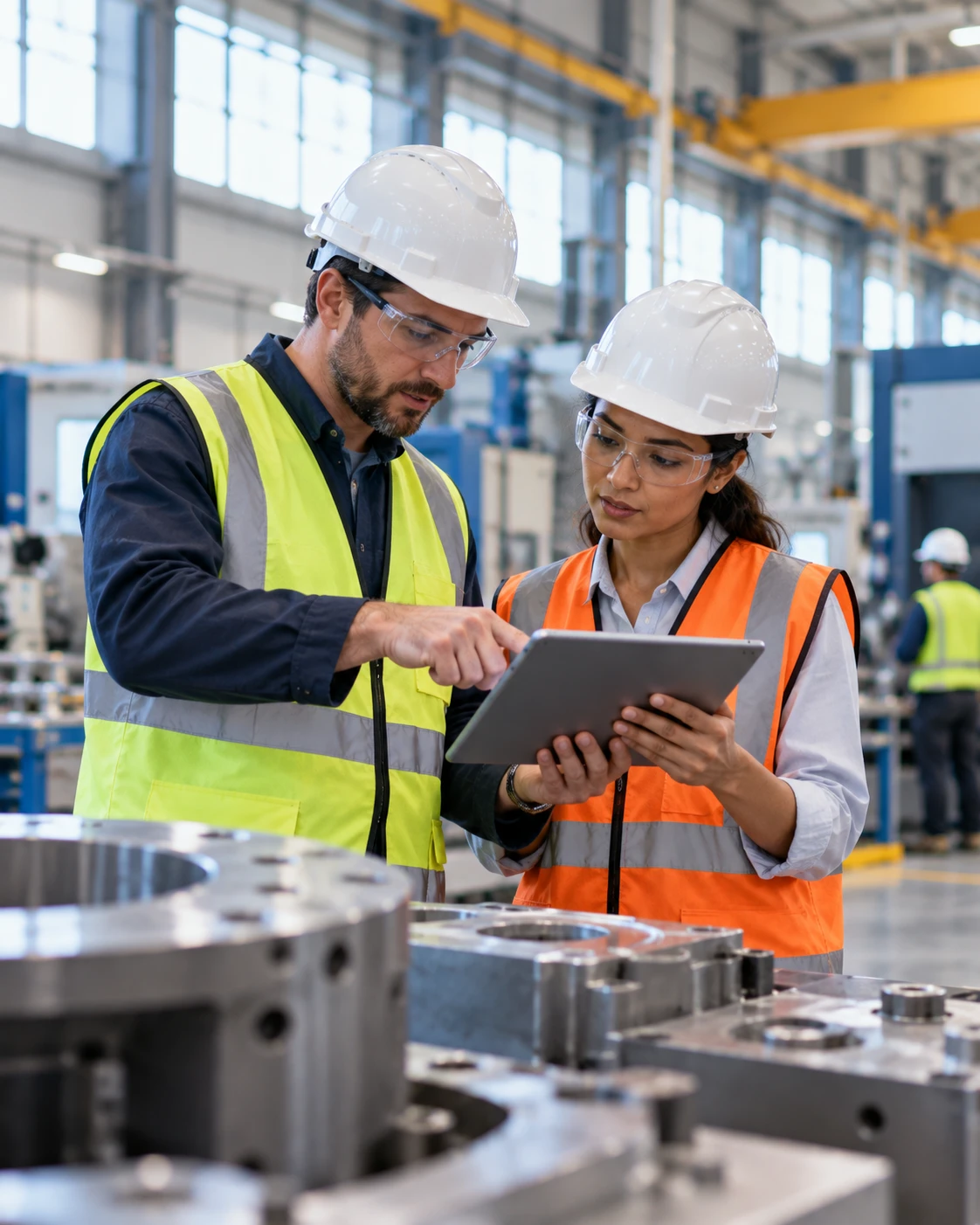 An engineering team reviewing designs on a project site
